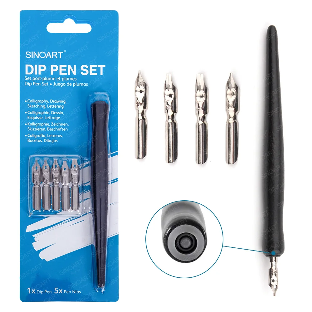 SINOART Oblique Calligraphy Pen Set With 5 Replaceable Nibs Comic Dip Pen Set Stainless Steel Calligraphy Pen Nibs