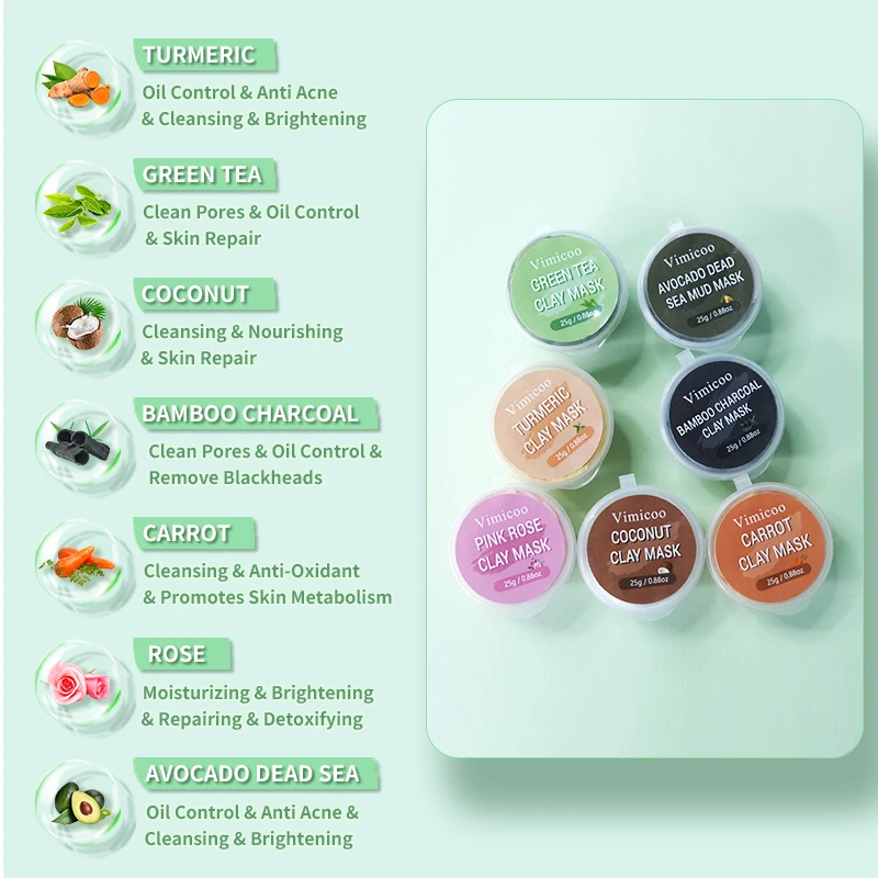 Organic Claymask Kit Turmeric Green Tea Pink Rose Avocado Carrot Face Mud Clay Mask Travel Pack Clean Pores Facial Clay Mask