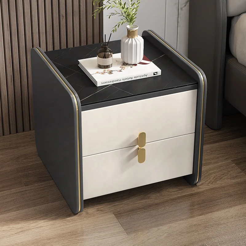 Light luxury rock plate countertop storage bedside table with double drawer