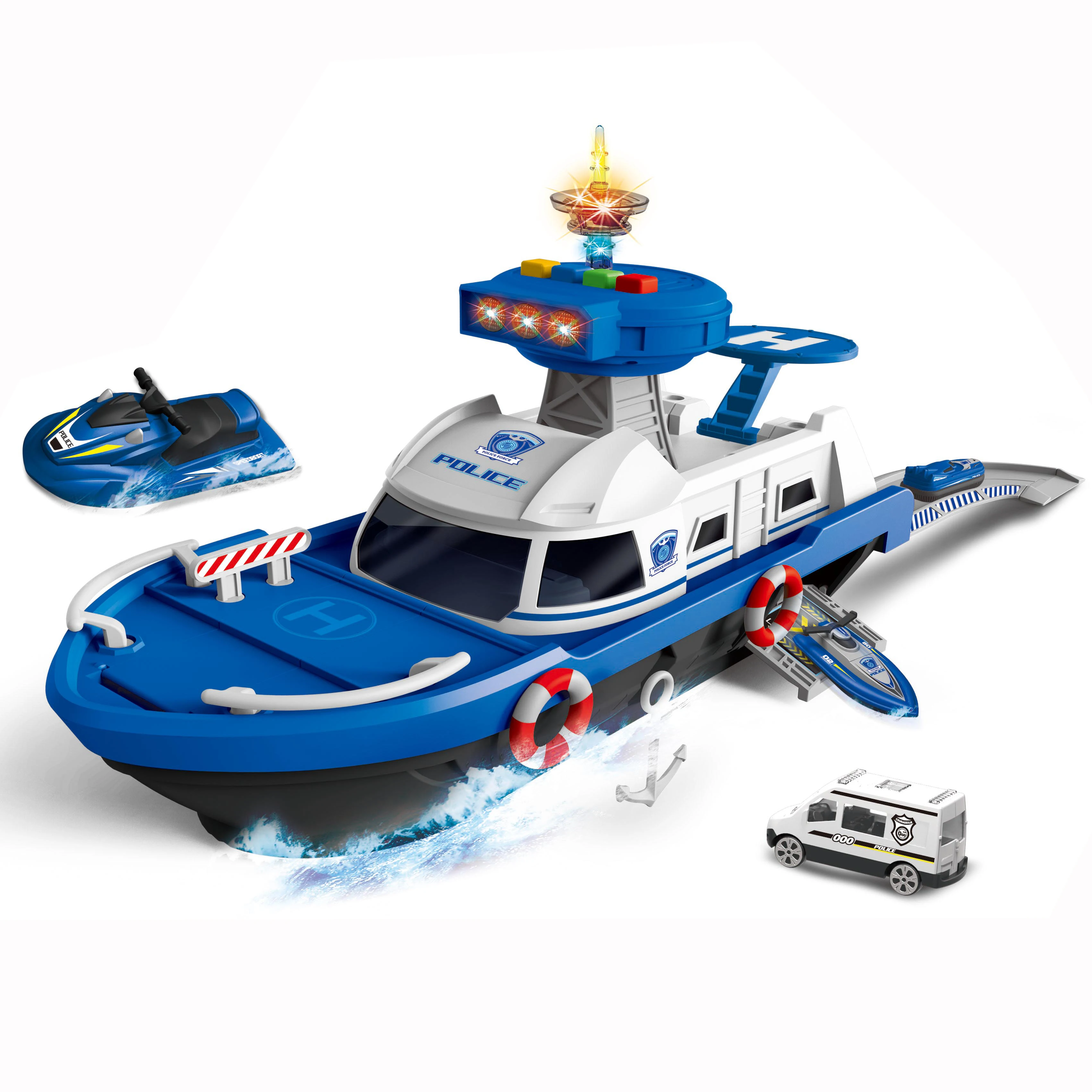 Kids Cartoon Light Music Toy Role Play Police Electric Boat 1:64 Alloy Slide Ship