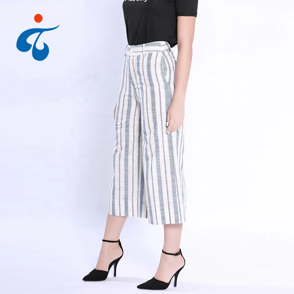 Wholesale oem striped casual cotton latest fashion wide leg trousers pants designs for women