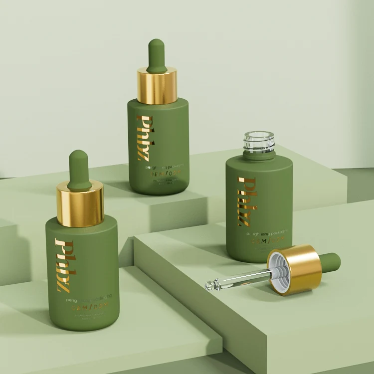 luxury dropper bottle 30ml custom skincare packaging body oil glass bottle matte glass serum bottle with push button