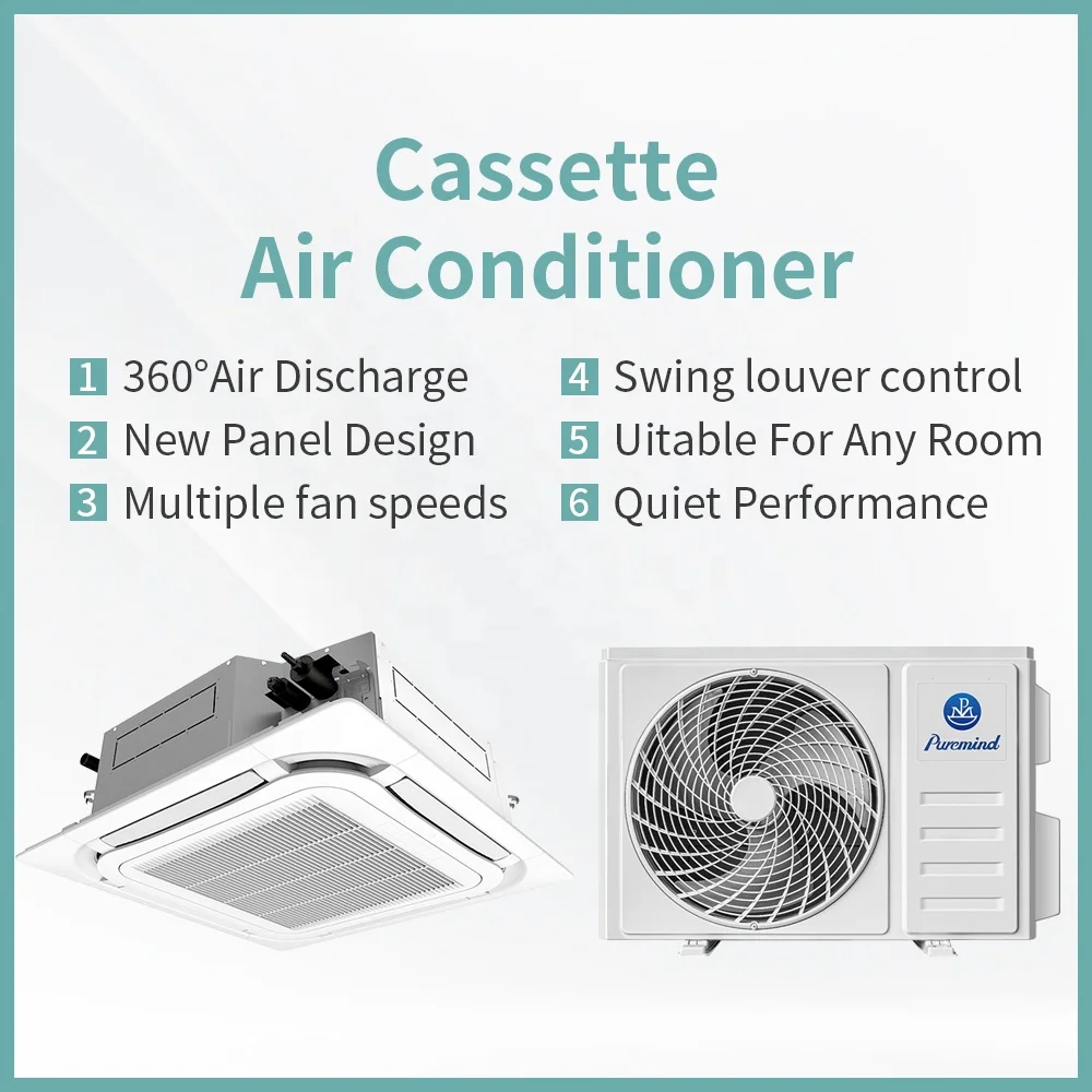 Puremind Gree Factory Price OEM 12000-60000Btu Ceiling Central 4 Way Cassette Air Conditioner Fan Coil Unit Ar Condicionado