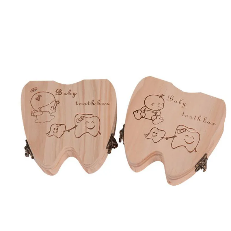 Kids Tooth Storage Holder Organizer(Customized English,German, French, Spanish) Baby Teeth Keepsake Boxes Wooden Tooth Box