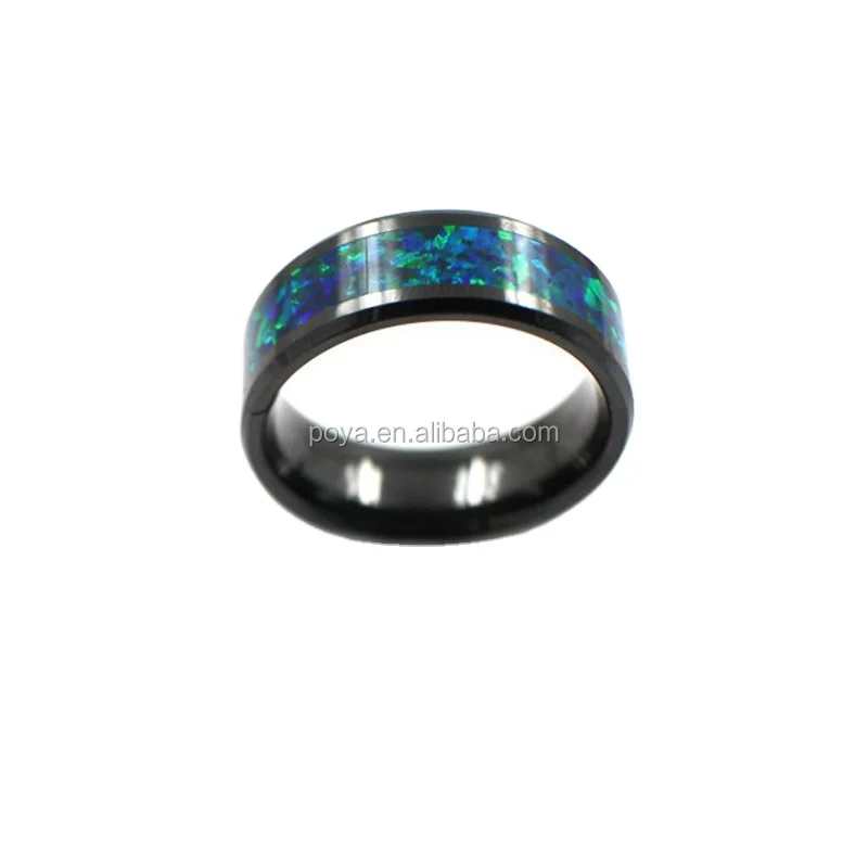 POYA Jewelry Black Tungsten 6mm Wedding Band Ring Women Mens Green Opal Inlay