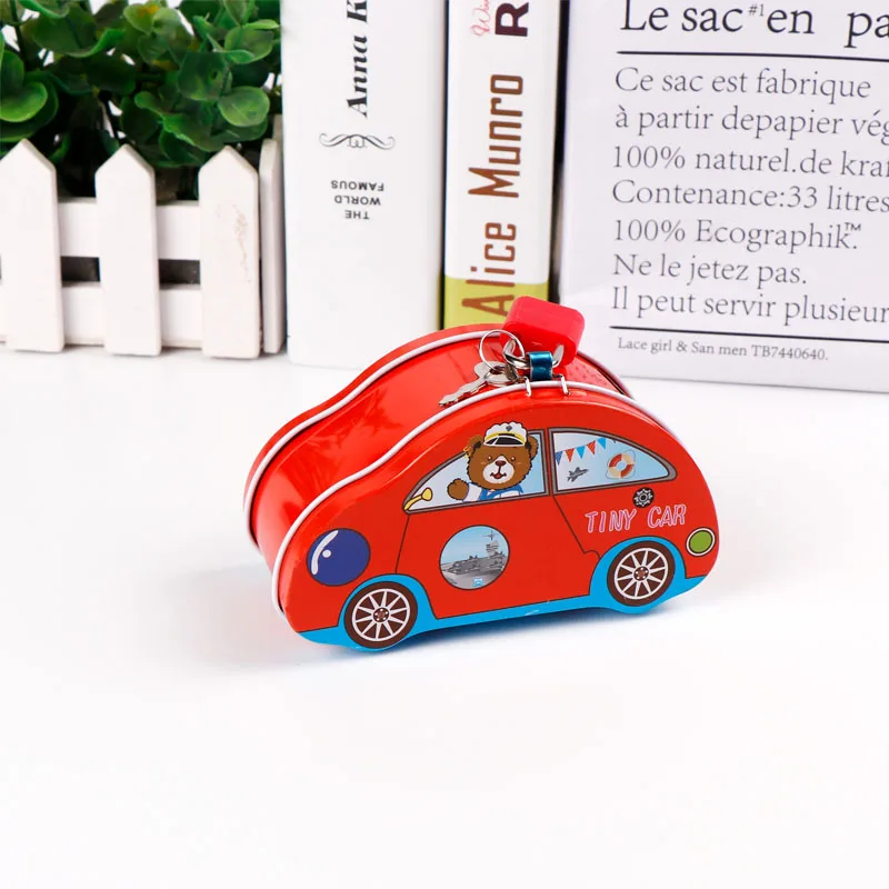 TOPSTHINK Wholesale cute tin piggy bank cartoon saving money bank tin box car shape for kids