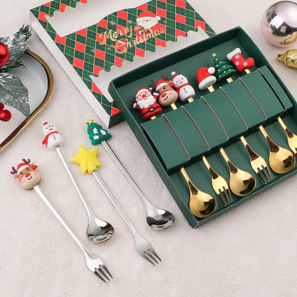 Factory direct Christmas spoon set stainless steel spoon cartoon dessert cake spoon creative tableware Christmas gifts
