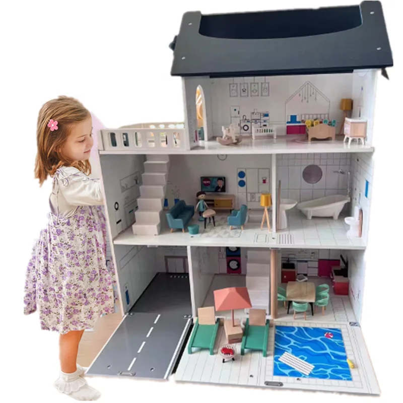 Wooden  house  for dolls with  Elevator  Modern Doll House for Kids Toddlers  Including  Furniture Pieces  Dolls and pet