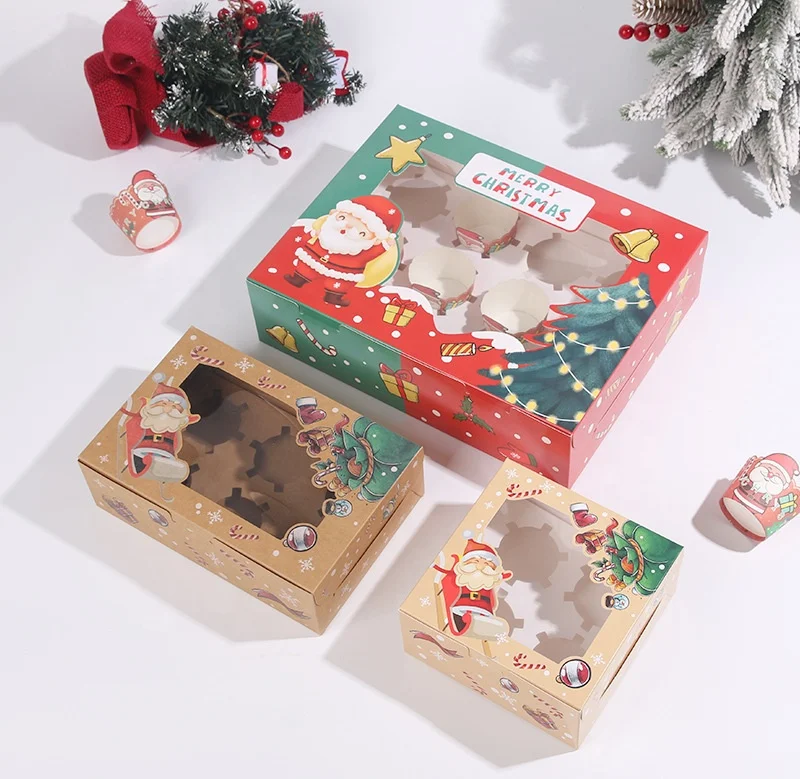 XJH 4/6/12 Holes Christmas Paper Cupcake Box with Clear Window Round Cake Bento Box with Insert and Clear Lid Jumbo Cupcake Box