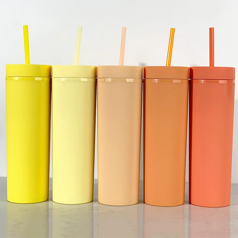 16oz 500ml Water  Coffee Drinking Double Wall Acrylic Plastic Cups Matte Printing Plastic SlimTumbler with Lid and Straw
