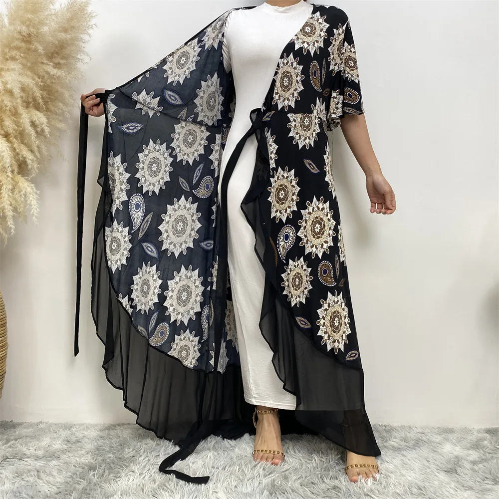 Fashion Lace Up Design Pretty Flowers Print Short Sleeves Splice Chiffon Bottom Women Summer Open Abaya