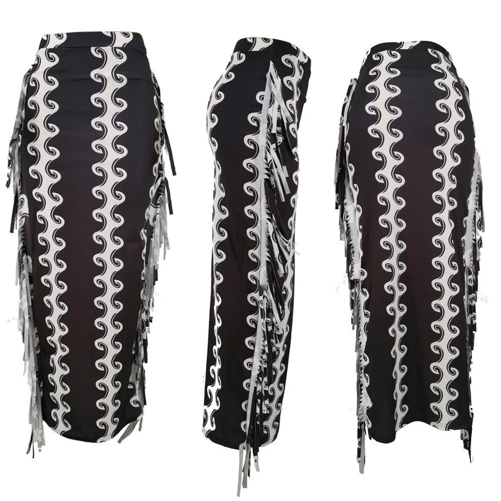 Fall Clothing Women Casual Color Block High Waist Tassel Pencil Long Maxi Skirts Mid-length Skirt