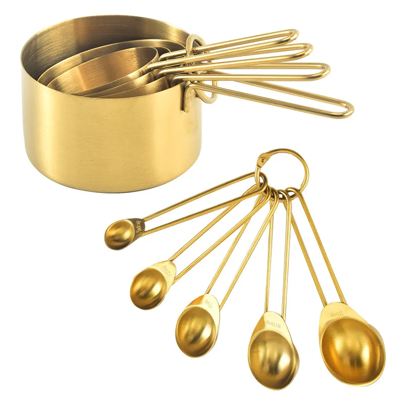 
Gold Stainless Steel Measuring Cups and Spoons Set 9 Pieces Engraved Measurements Measuring Cup & Spoon 