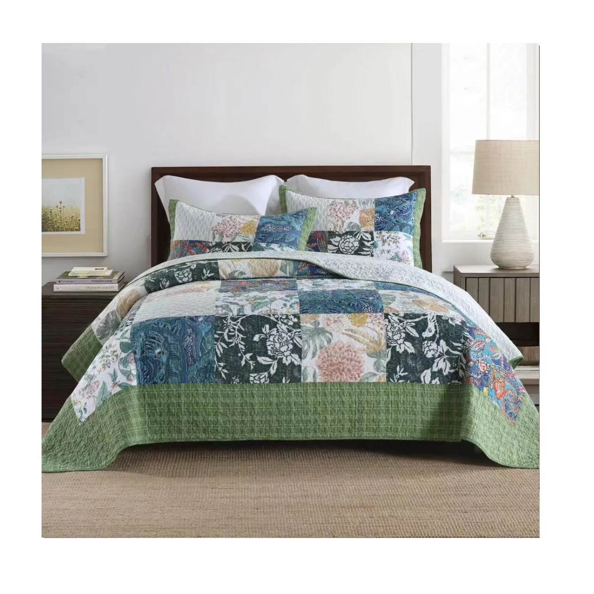 New Arrival Green Organic Cotton Handmade Genuine Splicing Montage Bedspread Quilted Set