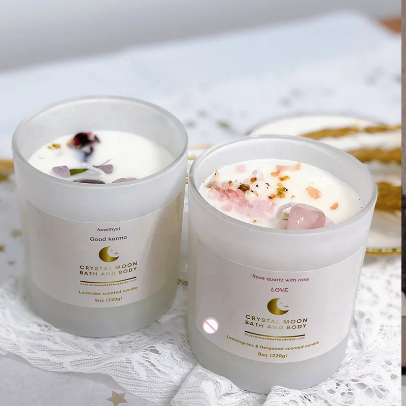
Wholesale Customized scents Fragrance Aromatherapy Healing Crystals natural flowers Scented Soy Wax Candles with lid 