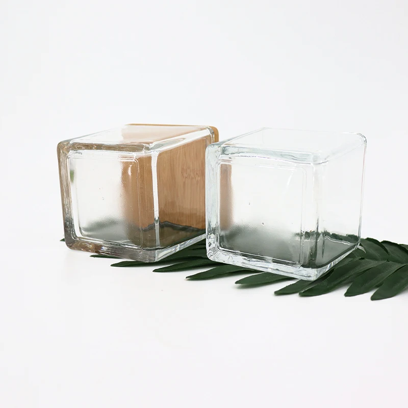 In Stock 240ml Clear Square Candle Jar With Bamboo Lid Glass Transparent Simple Aromatherapy Candle Cup Square Candle Holder Jar