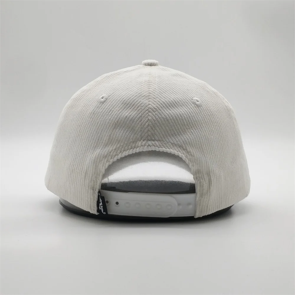 Custom 3D Embroidery Logo Plastic Strapback 6 Panel White Thick Corduroy Dad Baseball Hats Cap
