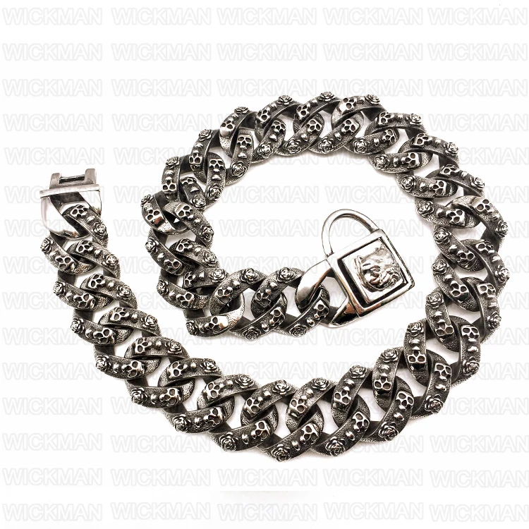 stainless steel chains in antique skull head link bully dog face buckle with hook leather metal luxury dog collar and leash set