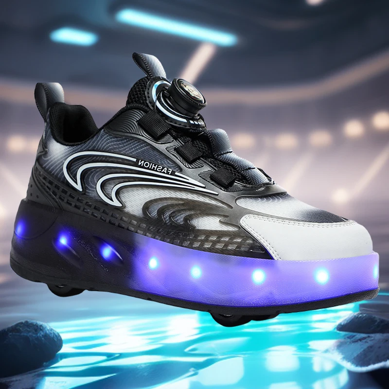 LED 4 wheels invisible deformable roller skates 2 in 1 detachable roller skate LACES retractable roller skates shoes