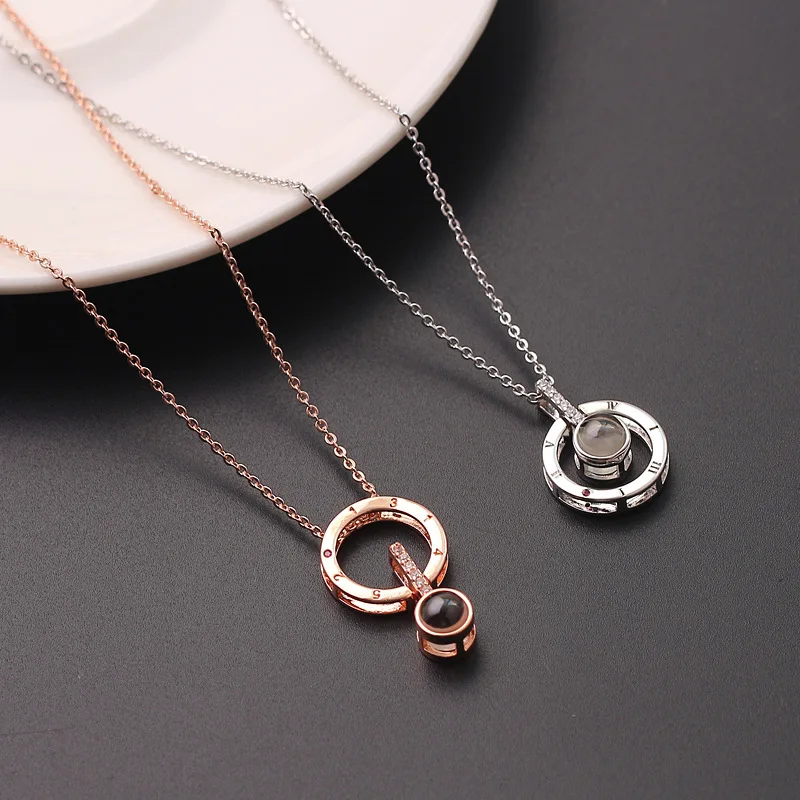 
One hundred kinds of 100 languages I love you necklace Love memory projection necklace female copper necklace jewelry ring 
