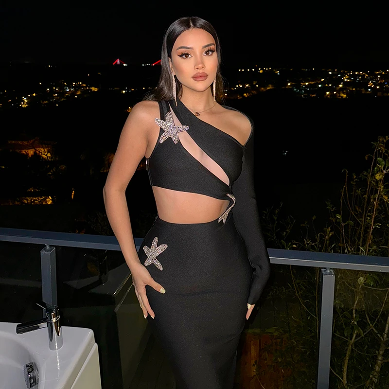 Elegant Hollowed One Shoulder Sloping Shoulders Dresses Long Sleeve Sexy Bodycon Vestidos Party Black Cocktail Dresses Female