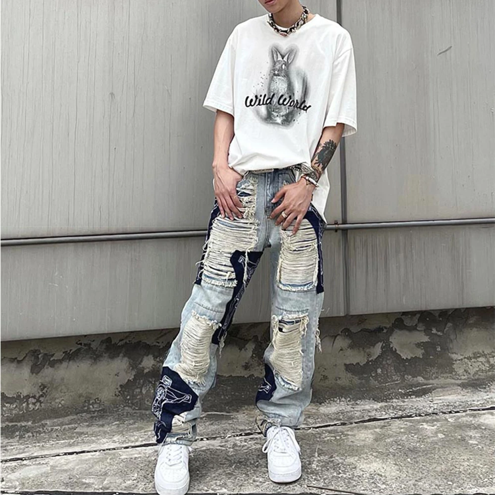 NVFelix Latest Design Distressed Ripped Patchwork Color Block Denim Pants Wholesale Vintage Repaired  Regular Fit Jeans For Men