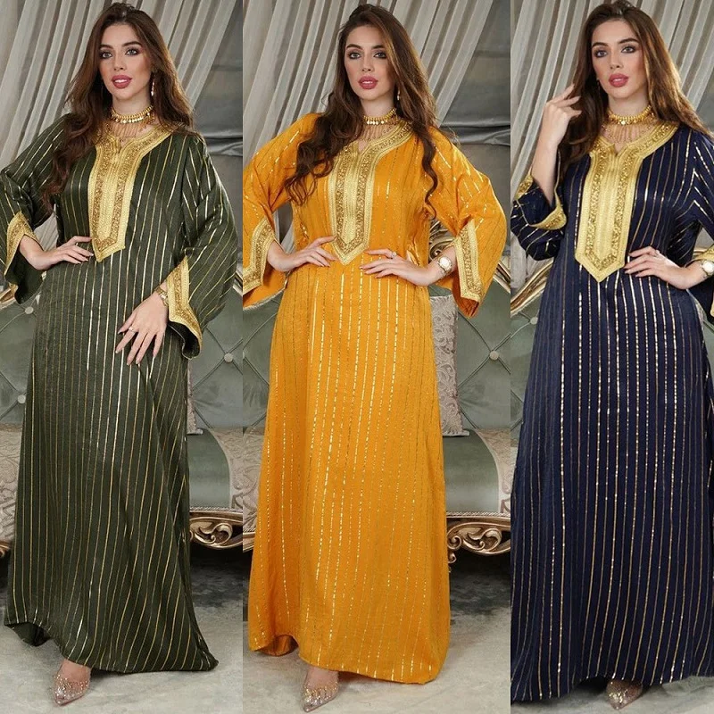 Good style golden loose wear maxi abaya dubai long women muslim dress and hijab