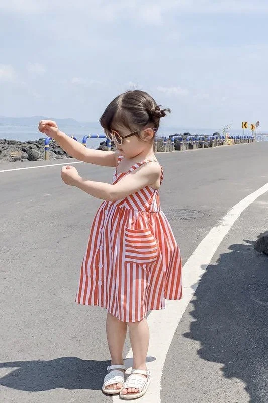 Latest Arrival 2021 Summer White And Red Striped Dress Little Girl Suspender Dresses