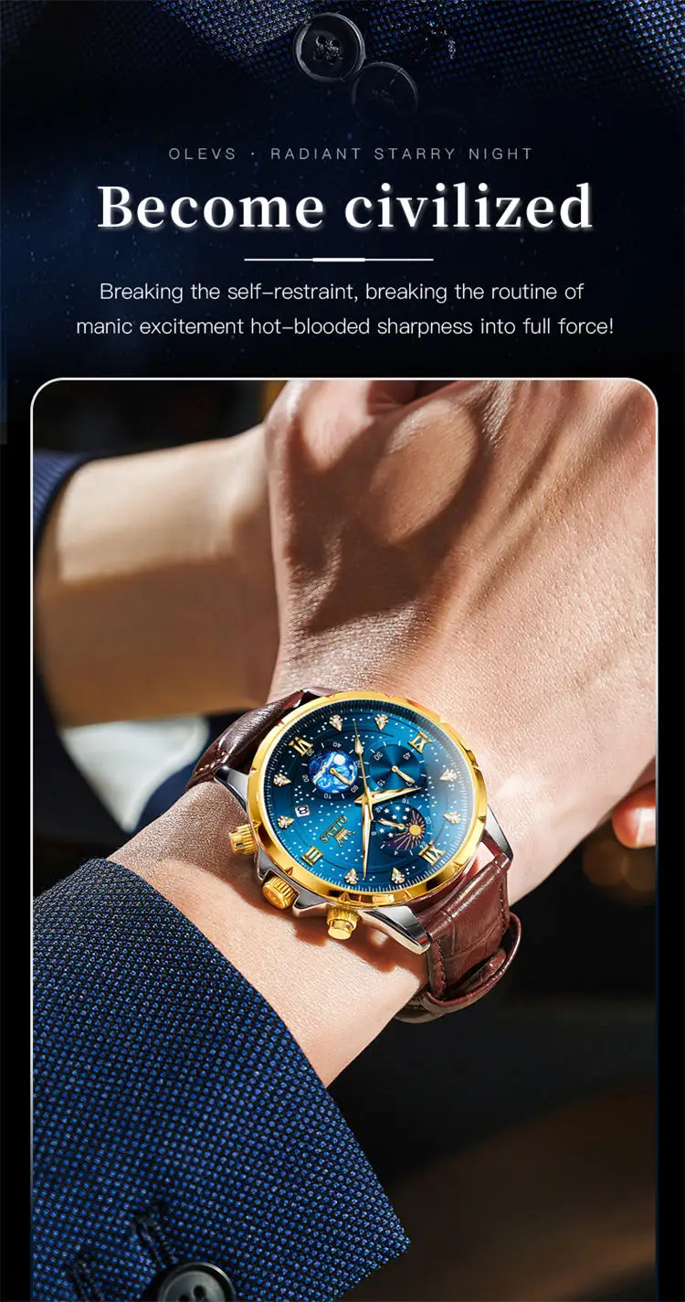 OLEVS 9807 special custom brand  gents quartz watch original Stainless steel band Luminous Chrono stars sun Casual hand watch