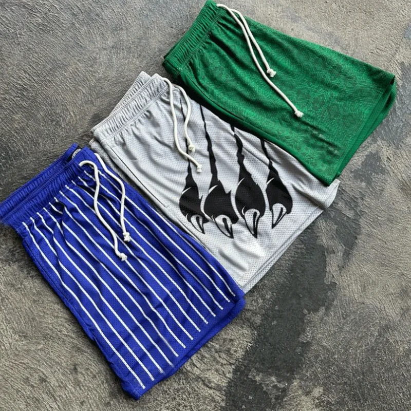 Custom Logo Wholesale Street Hip-Hop Multi-Line Basketball Drawstring Trendy Pants Sports Fitness Blank Mesh Shorts for Men