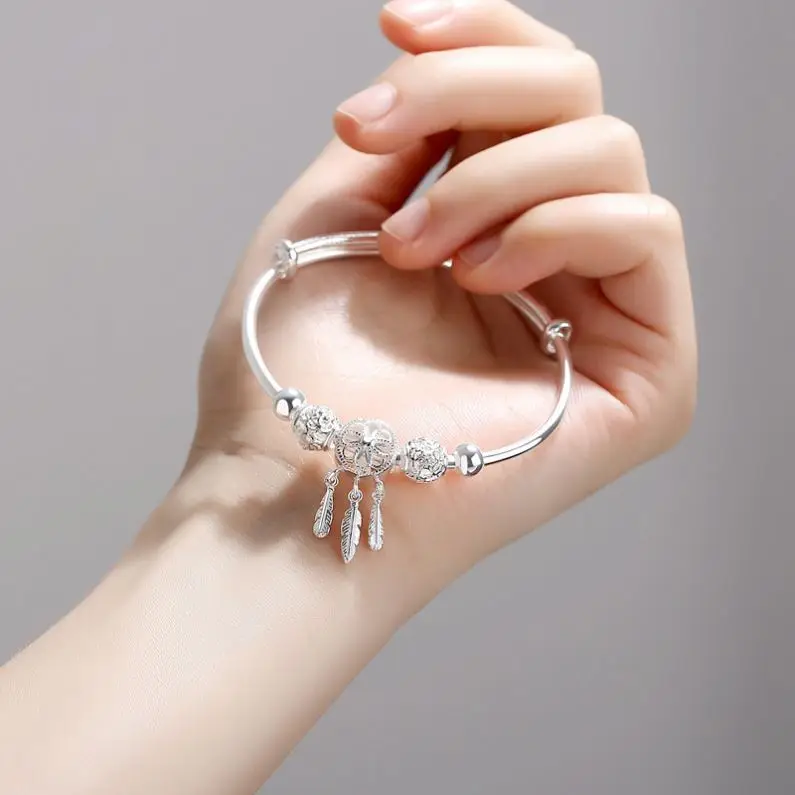 Wholesale Elegant Adjustable Silver Coated Dreamcatcher Tassel Round Bead Bangle Pulsera Bracelet For Women