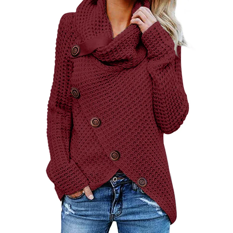 Custom Oem Winter Ladies Gray Buttoned Wrap Turtleneck Women