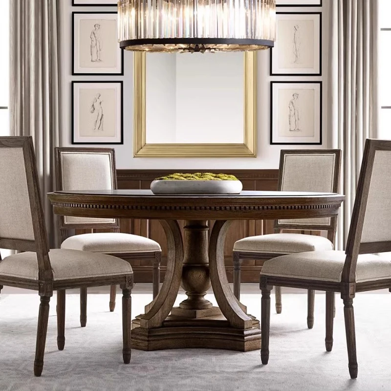 RH American solid wood dining table and chair combination home oak retro round dining table for six custom table