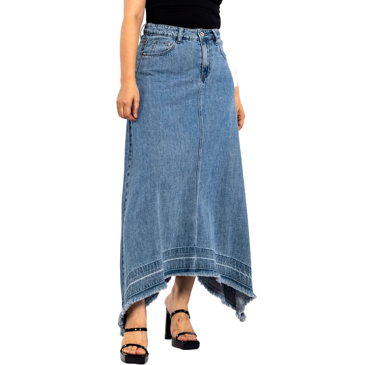 Factory Sale Vintage Asymmetrical Skirt Design Fashion High Waist Raw Edge Long Denim Skirt for Women Fall 2023