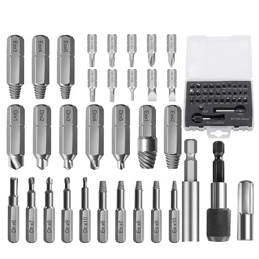 33Pcs Damaged Screw Extractor Set With Screwdriver Bits for Broken Screw HSS Broken Bolt Extractor Screw Remover Kits