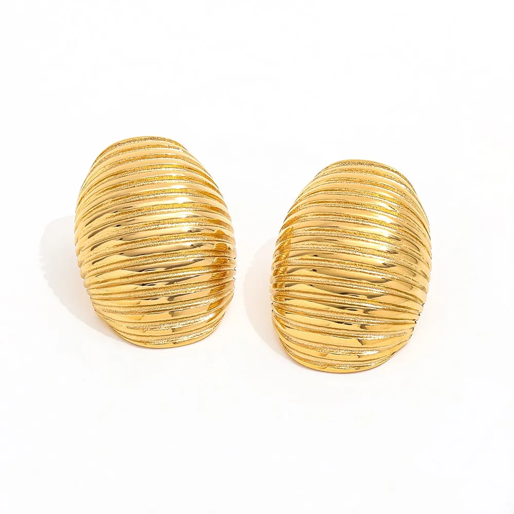 JOOLIM High-End Vintage 18K Gold Plated Stainless Steel Earring Chunky Oval Multi-Layer Line Texture Stud Wholesale