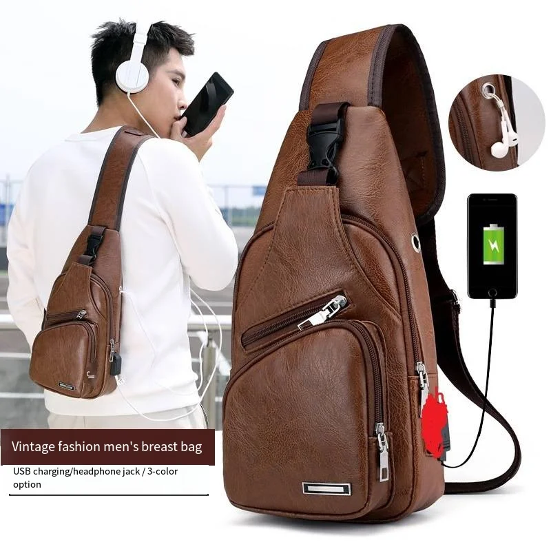 Cheap Waterproof PU Chest Bags Leather Messenger Bag for Mens Bags with USB Charging Port