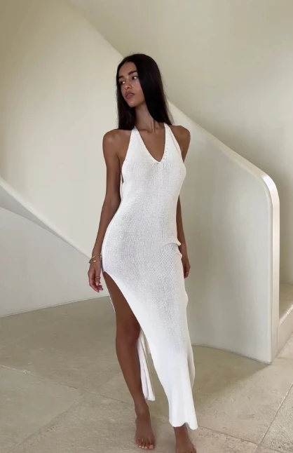 2024 new popular double-sided high slit beach vacation camisole dress beautiful back knitted dress, sexy solid color
