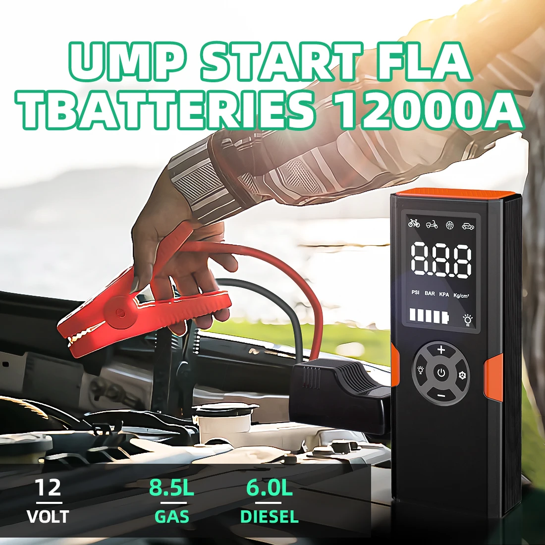 US Stocked Portable Tire Inflator Pump Wireless T-type 19 cylinder movement USB LED light Lithium Battery 3.7V 12000mah 44.4Wh