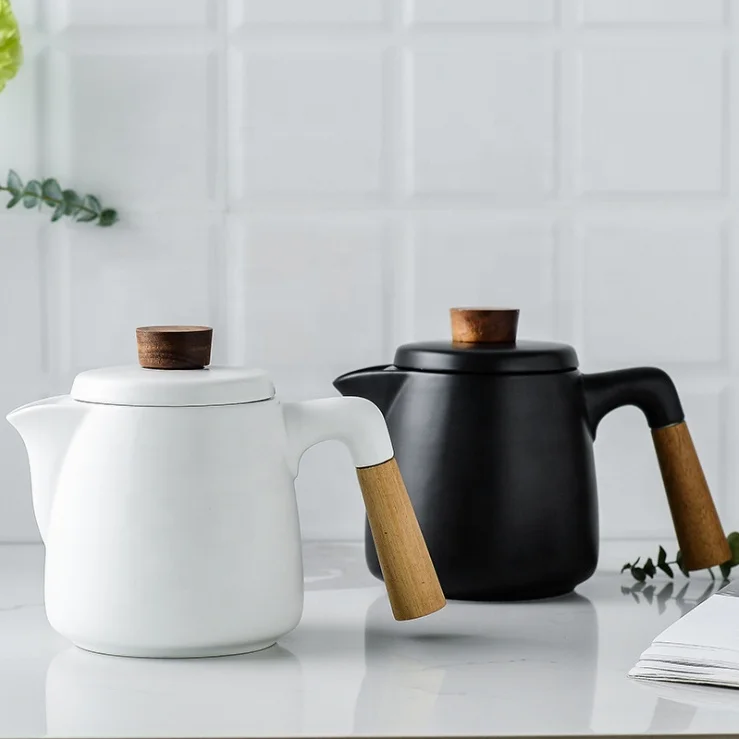 Modern Ceramic Teapot With Acacia Wooden Handle White Black Teapot Ceramic withGift Box