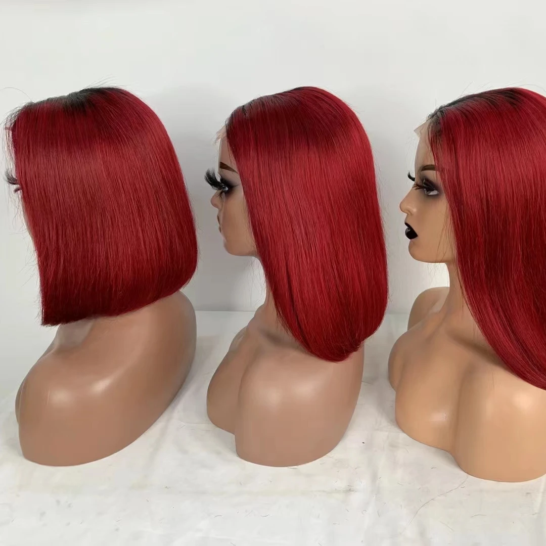 Best Reviewed 13X4 Transparent Lace #1B/99j Red Silky Straight 100% Virgin Short Cuts Human Hair Wig