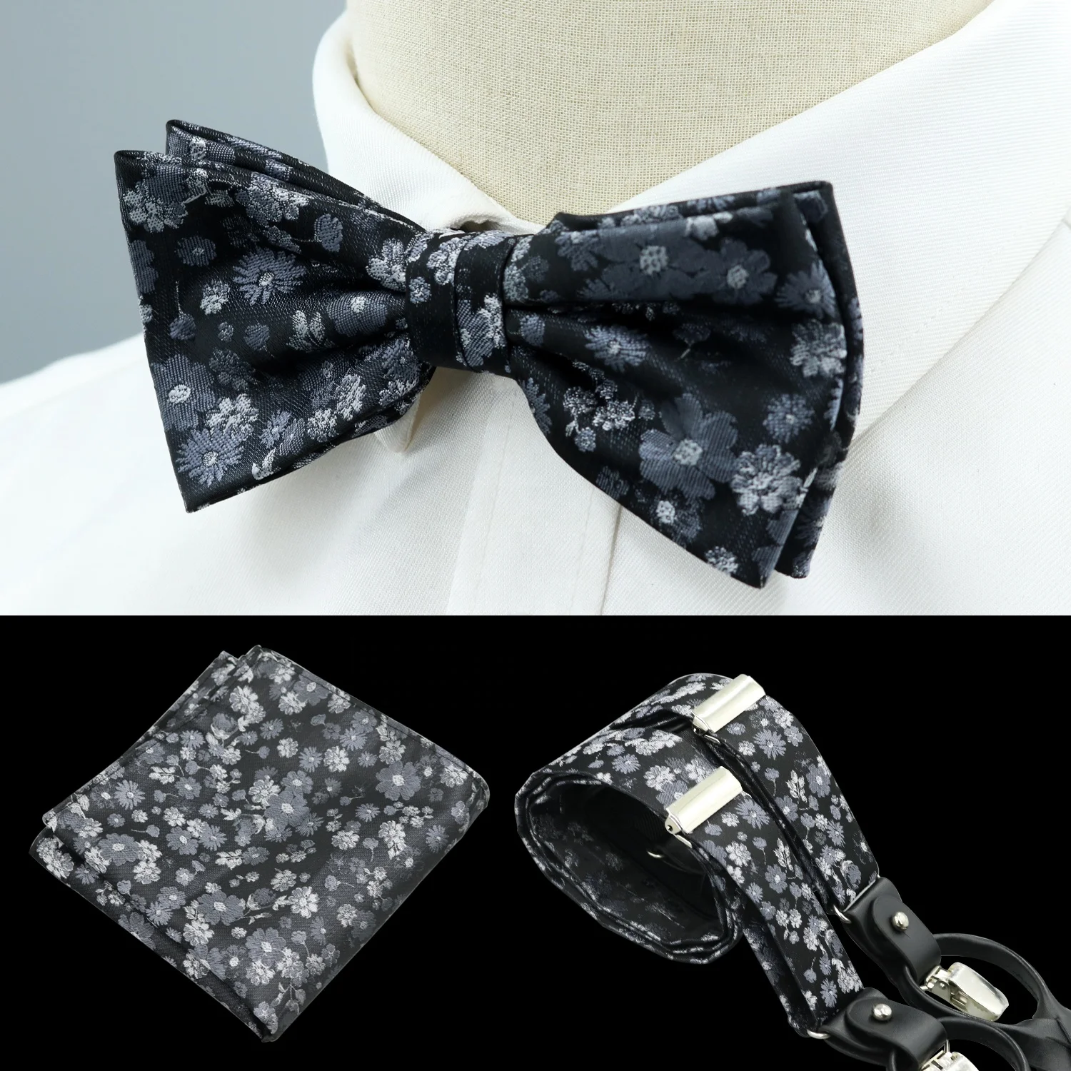 3 Clips Elastic Custom Wholesale High Quality Fashion Braces Suspenders Bow tie Set For Men