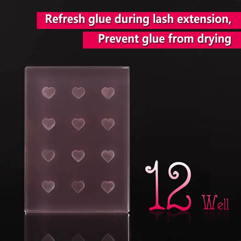 Glass Heart Round Glue Tile 12 Well Pink Crystal Glass Eyelash Glue Holder for Lash Glue Drops Pallet Eyelash Extension Supplies