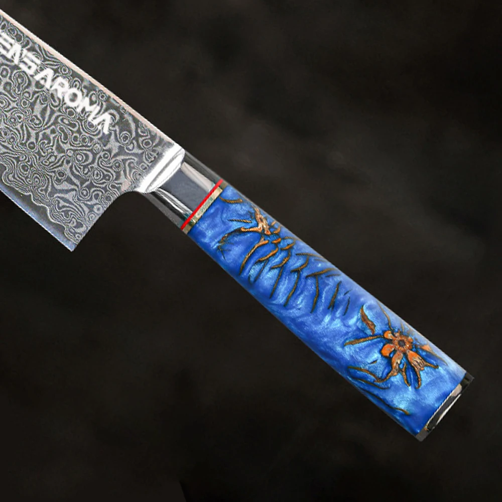 TEENS New Design VG 10 Damascus Kitchen Chef Knife with Blue Resin and Pine Cone Handle