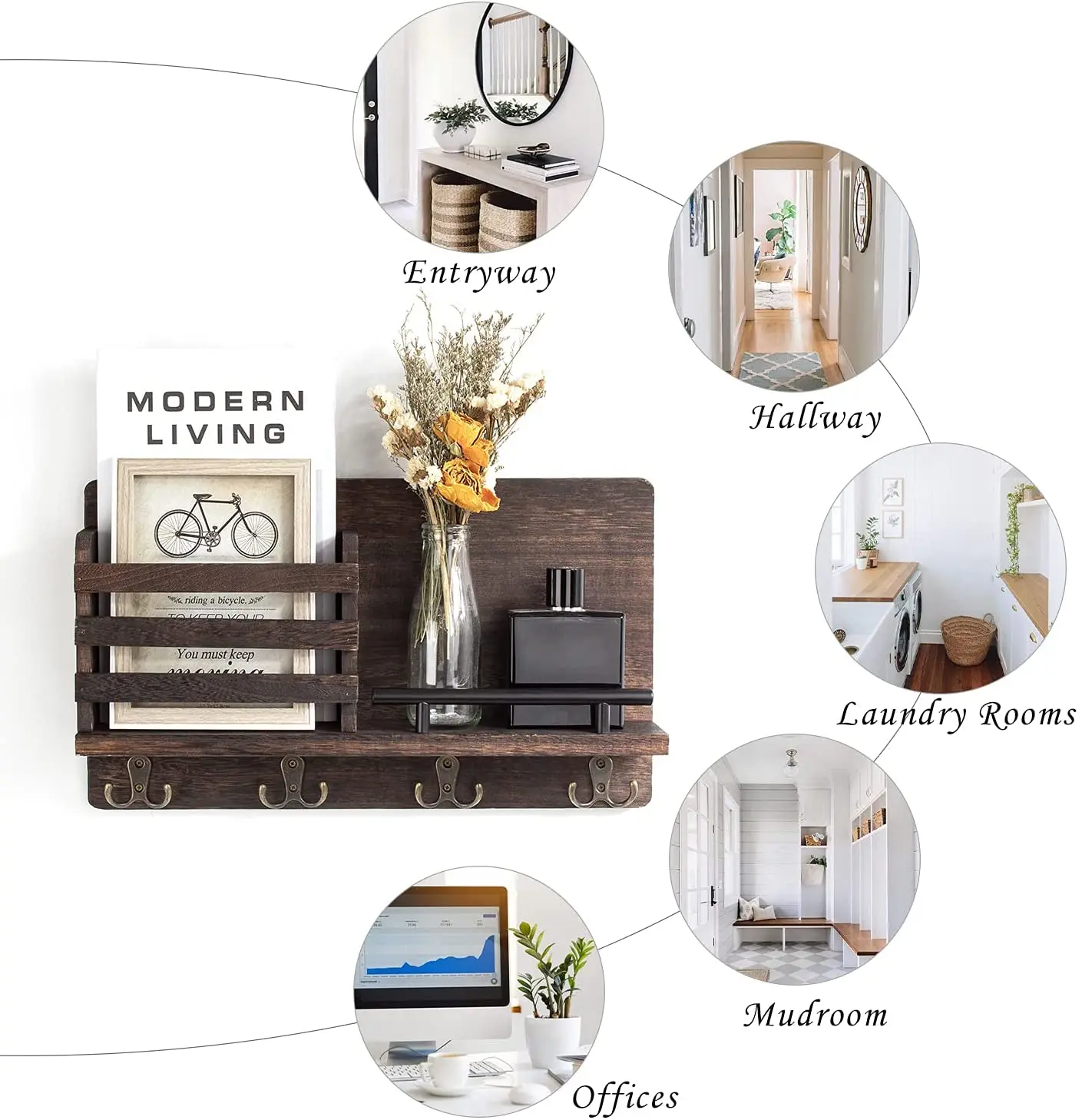 Wooden Mail and Key Holder for Wall Decorative  Rustic Wall Mounted Mail Organizer with 4 Double Key Hooks and 1 Mail Sorter - P