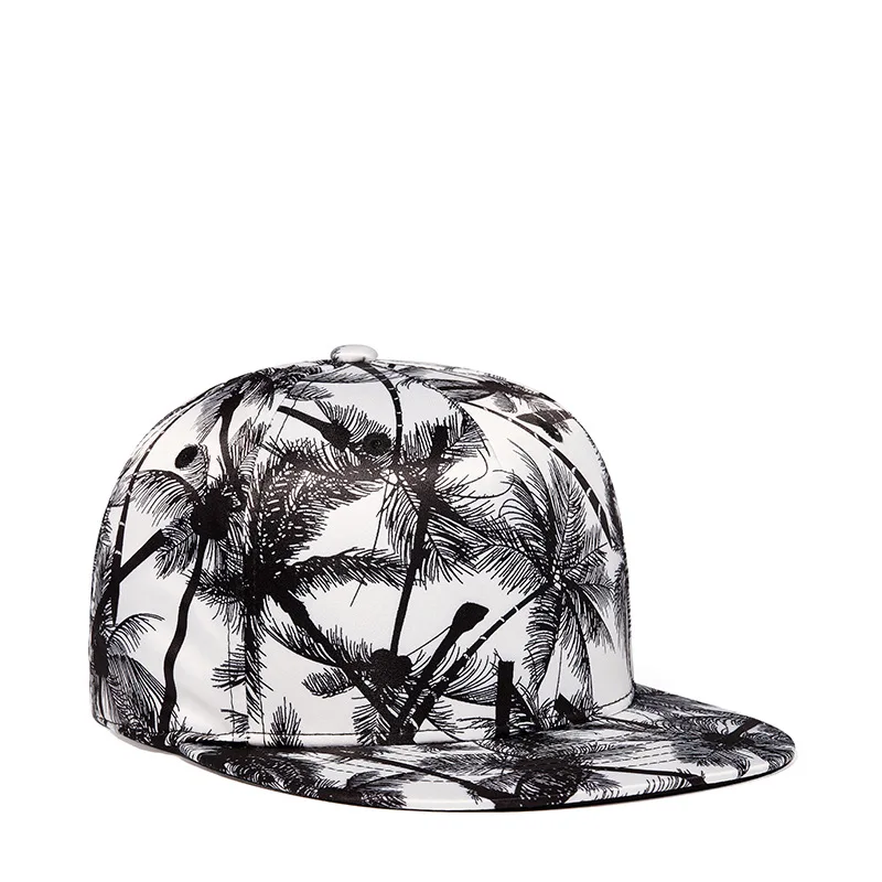 Flat Brim Palm Tree Print Fashion Snapback Cap 6 Panel Polyester Hip Hop Hat