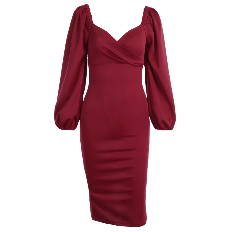 
2020 Sexy Pure V-Neck off shoulder bodycon dress women club party night red Elegant midi dress Mujer black dress 