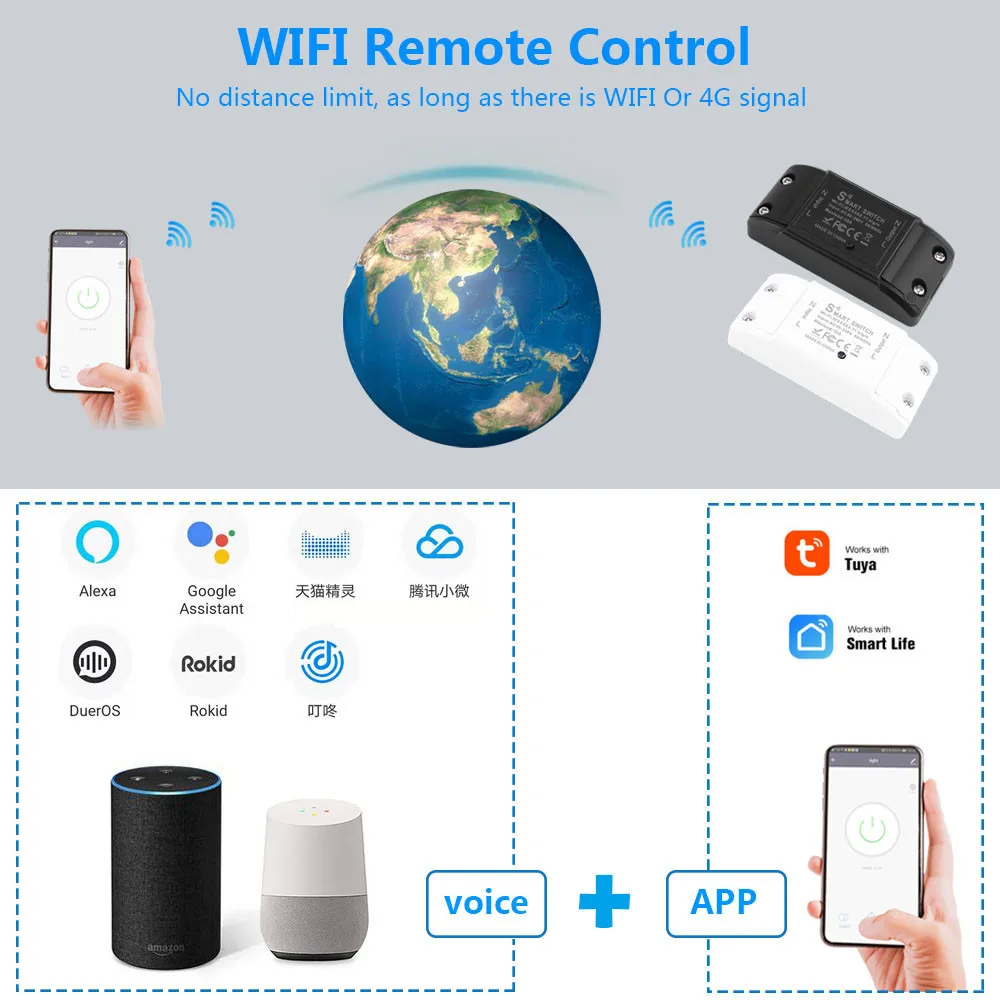 YIERYI Smart WiFi  Light Switch  Life APP Voice Relay Controller Timer Module Google Home Alexa Wall 110V 220V 10A white