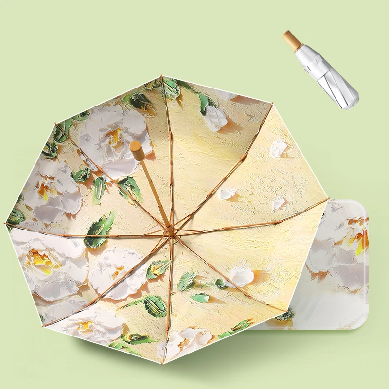 New fashion design printing women silver coating sunshade sun umbrella 8K 3 fold windproof gift uv umbrella with wooden handle