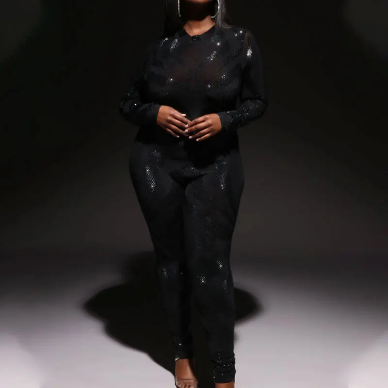 Custom Designer Knit One Piece Bodycon Rhinestone Bling Club  Elegant Woman Jumpsuits And Rompers Mesh Long Sleeve Bodysuits